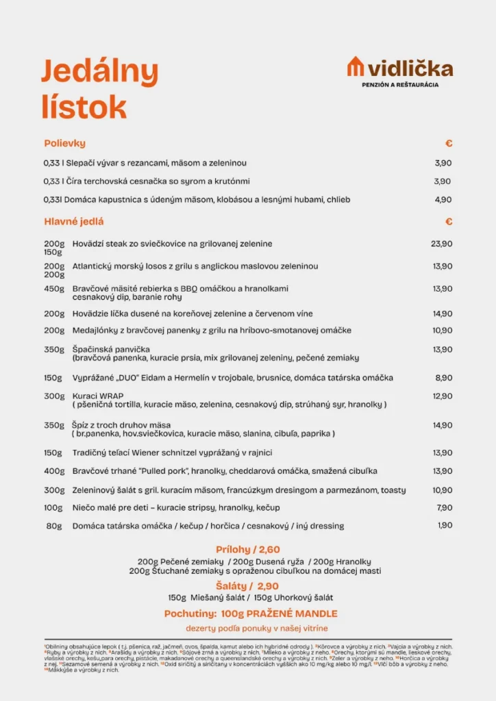 jedalny listok 2026 Restauracia Vidlicka