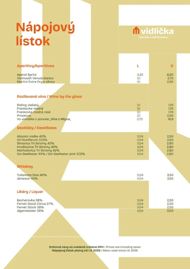 napojovy listok 2026 restauracia vidlicka